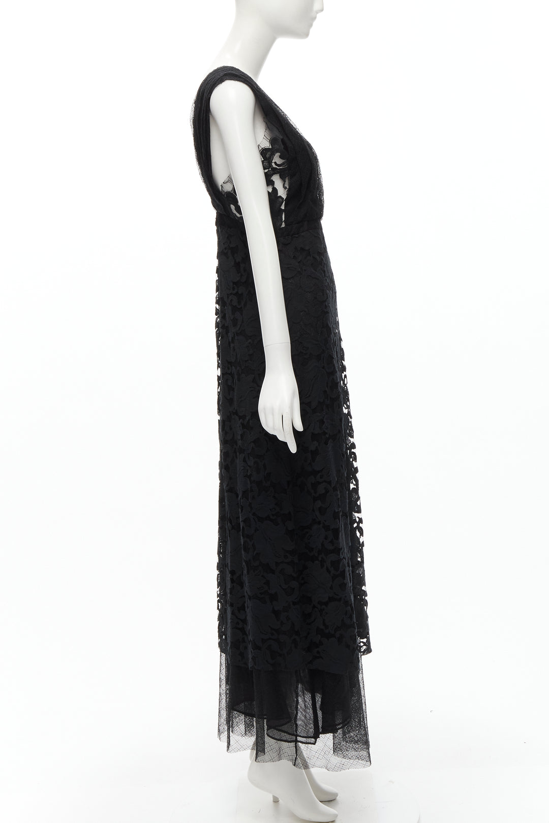 ADAM LIPPES black plunge illusion lace neckline empire waist layered gown US6 M