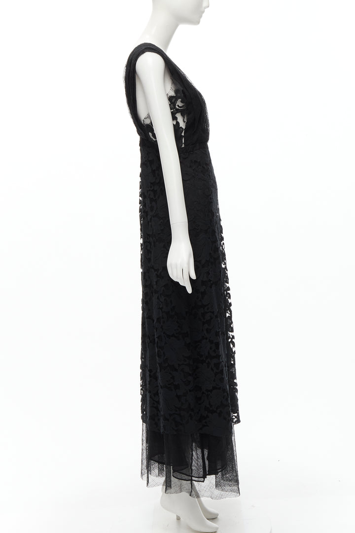 ADAM LIPPES black plunge illusion lace neckline empire waist layered gown US6 M