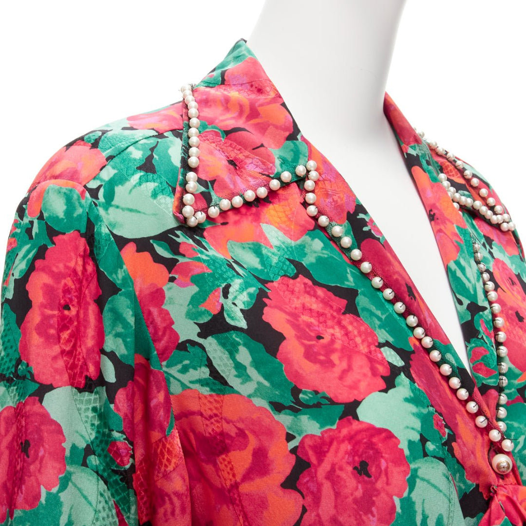GUCCI ALESSANDRO MICHELE 2016 red green floral GG pearl bow silk shirt IT38 XS