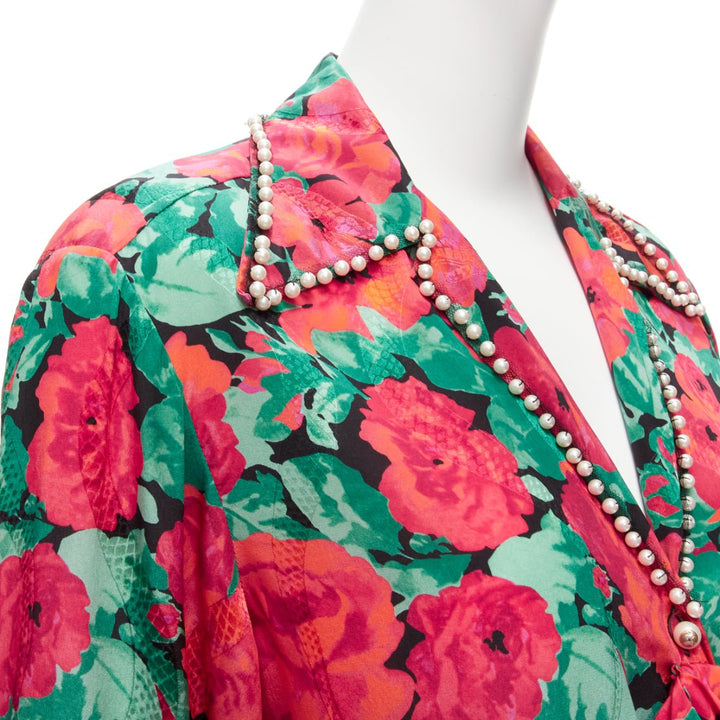 GUCCI ALESSANDRO MICHELE 2016 red green floral GG pearl bow silk shirt IT38 XS