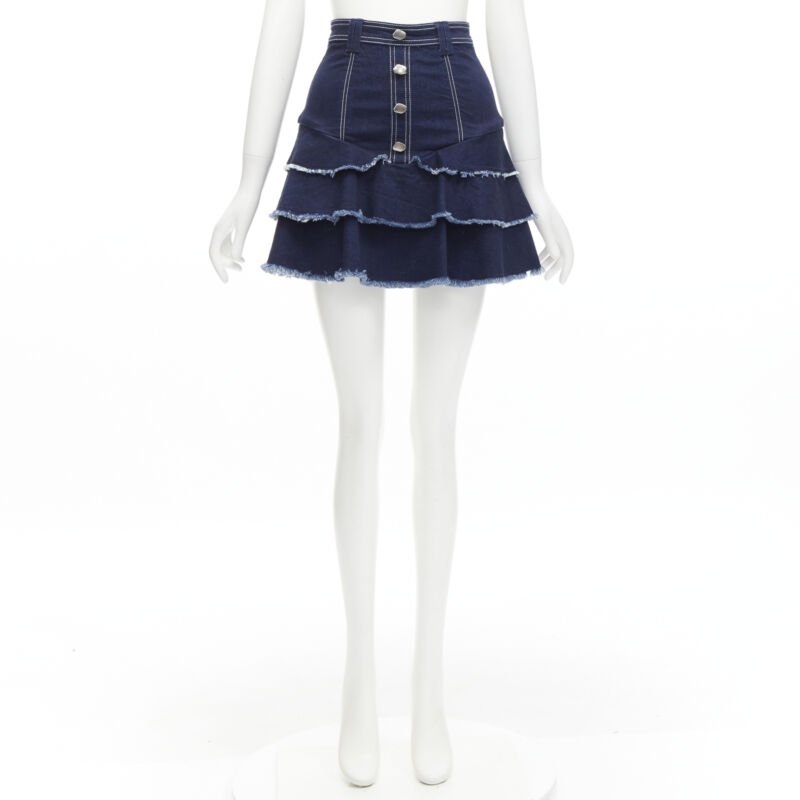 AJE hammered silver buttons blue frayed edge tiered denim skirt UK6 XS