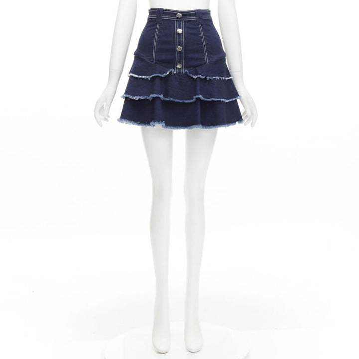 AJE hammered silver buttons blue frayed edge tiered denim skirt UK6 XS