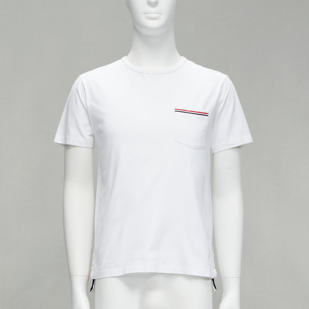 THOM BROWNE iconic stripes patch pocket white cotton tshirt Sz. 1 S