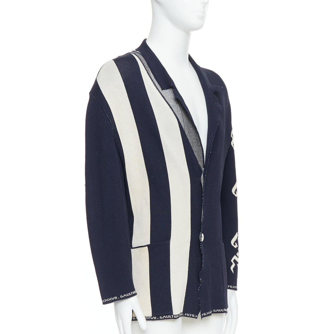 JEAN PAUL GAULTIER EQUATOR 1987 navy white heavy knit graphic jacket FR48 M