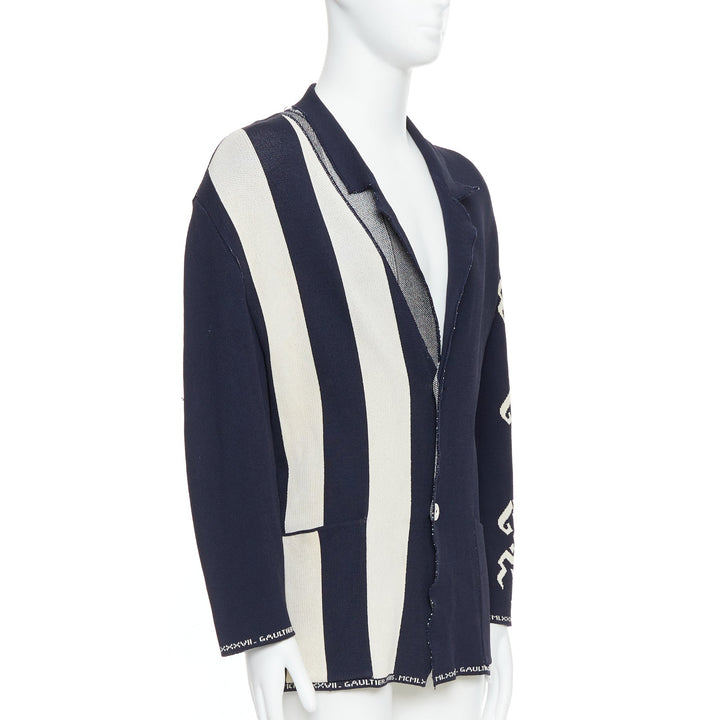 JEAN PAUL GAULTIER EQUATOR 1987 navy white heavy knit graphic jacket FR48 M