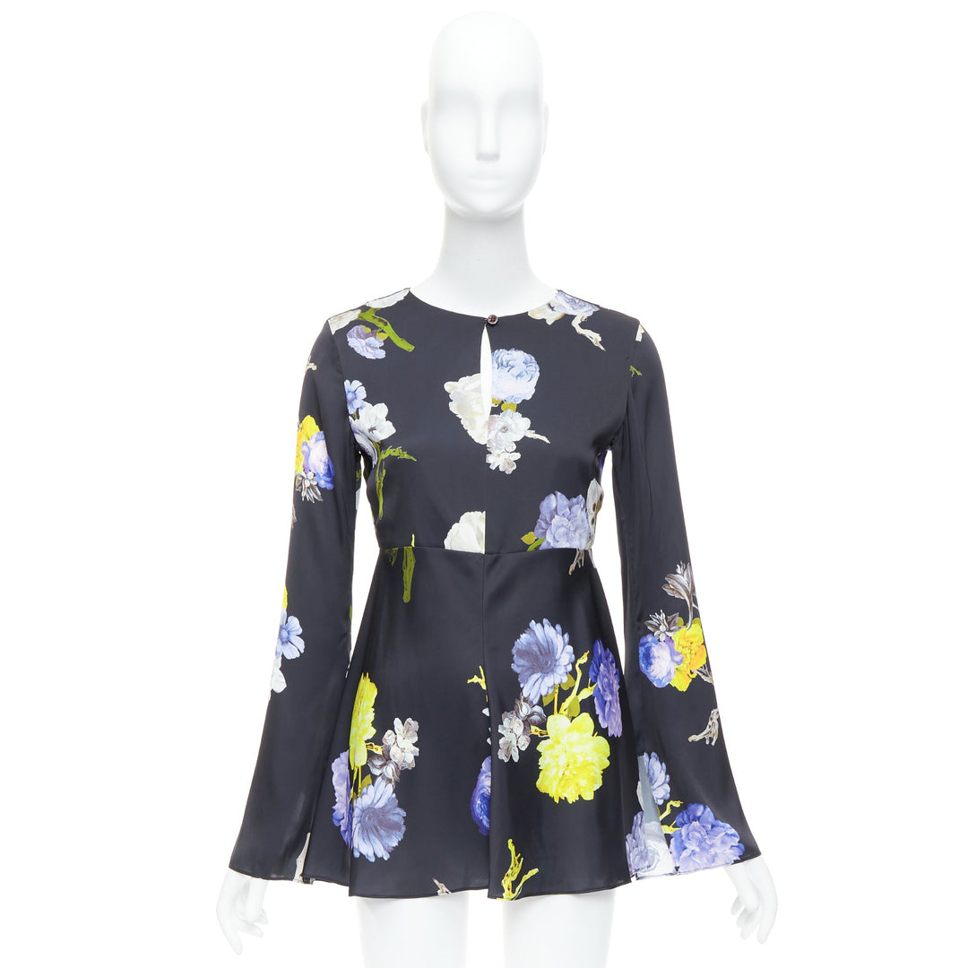 ACNE STUDIOS 2017 Bahari purple black floral silky flare cut out top FR34 XS