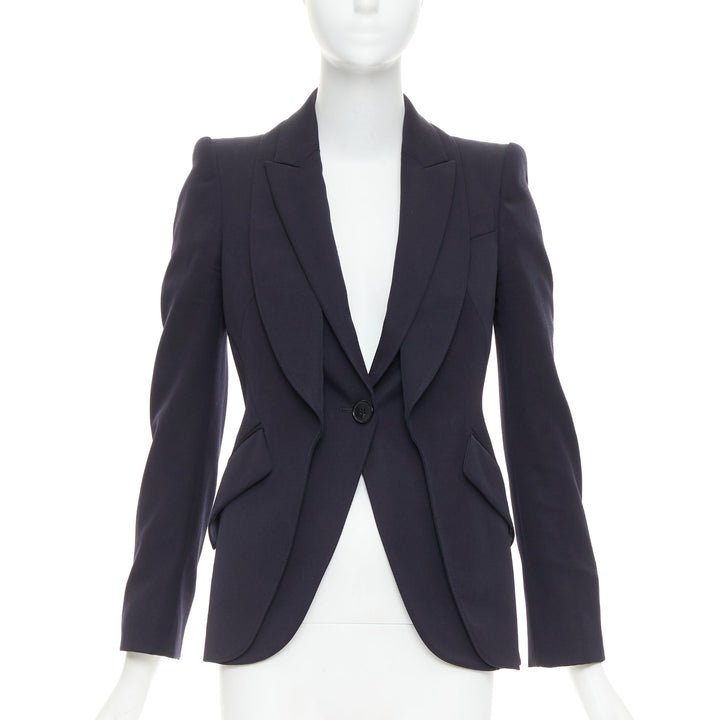 ALEXANDER MCQUEEN 2017 navy wool layered double collar blazer jacket IT38 XS