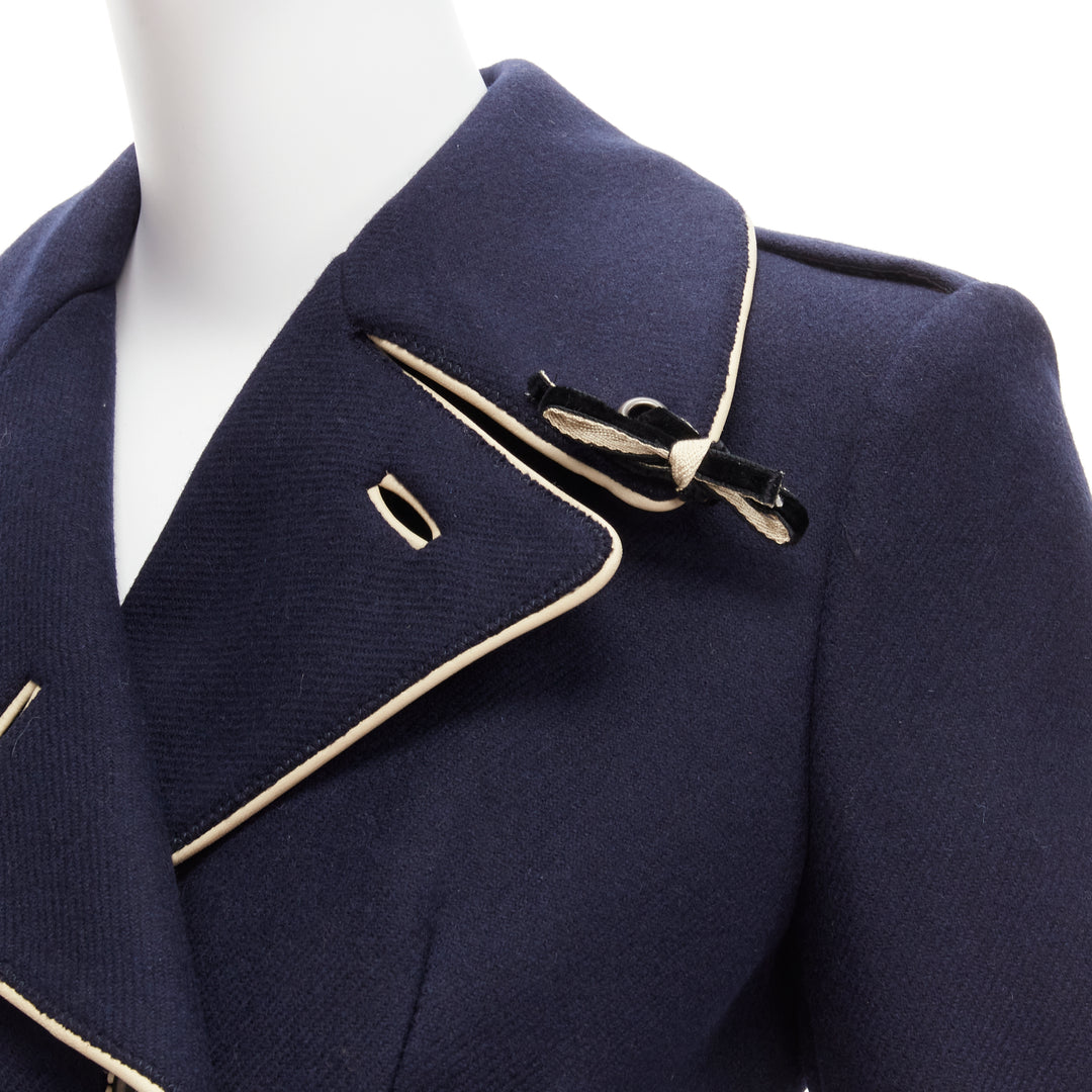 rare PRADA 2004 Runway navy wool grommet leather longline officer coat IT36 XXS