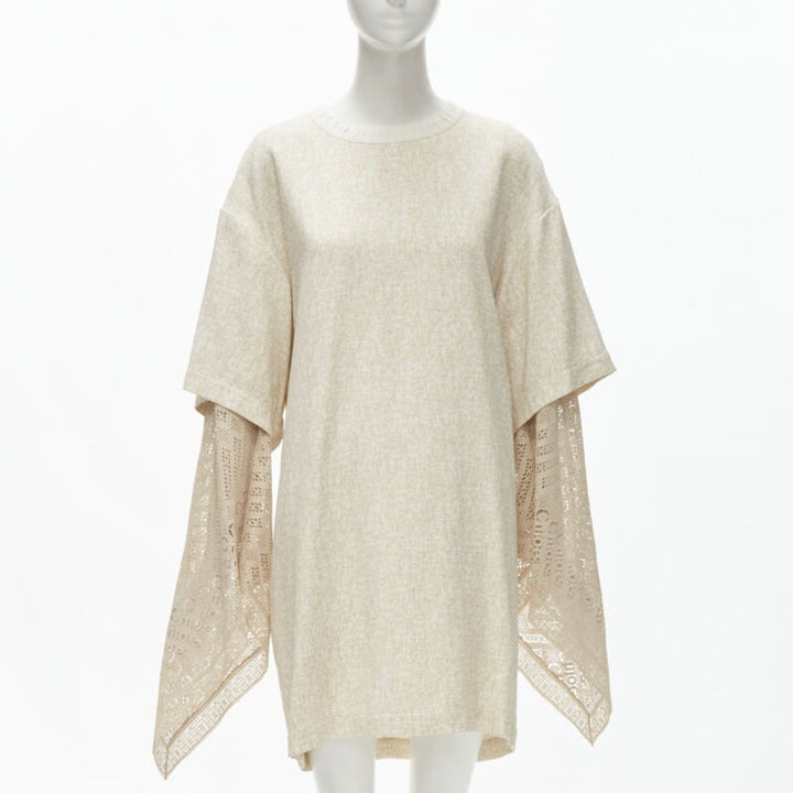 CHLOE 2019 Sandy Khaki speckle bohemian crochet sleeves layered dress FR40 M