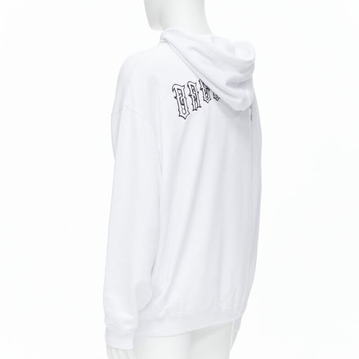 BALENCIAGA 2018 black Gothic Tattoo logo embroidery white cotton hoodie S