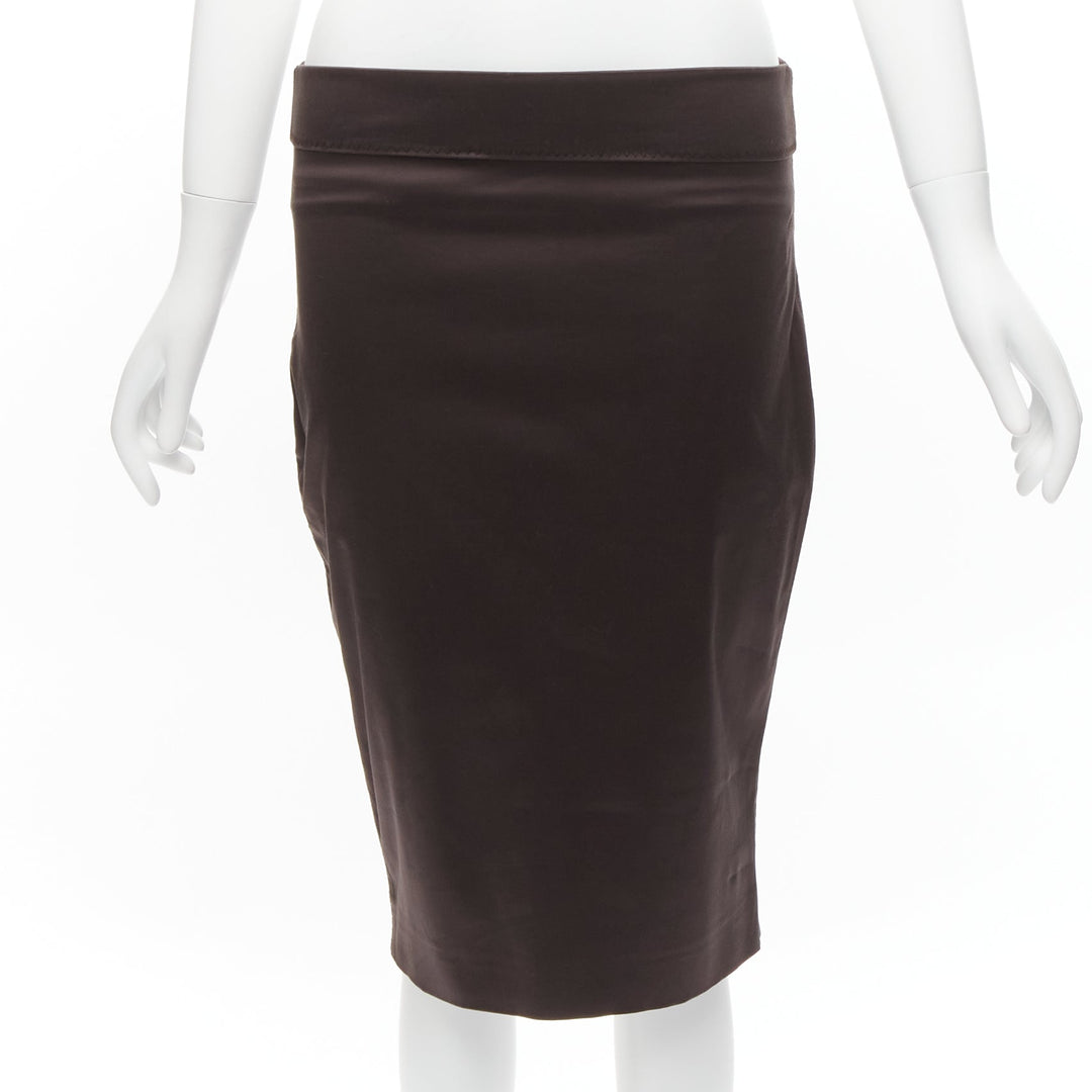 GUCCI brown silky texture zigzag topstitch flap waistband pencil knee skirt IT42
