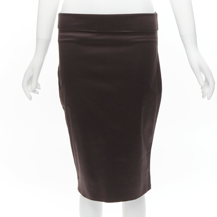 GUCCI brown silky texture zigzag topstitch flap waistband pencil knee skirt IT42