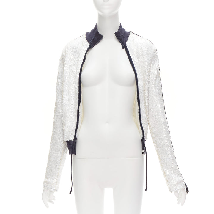 rare CHANEL 08C SPORTS white sequins black trim track jacket FR38 M