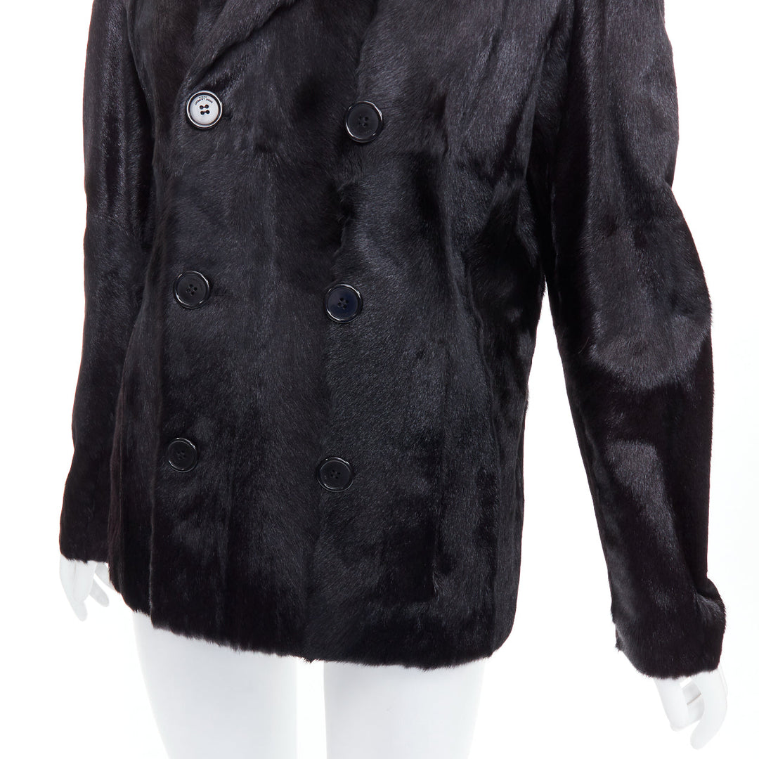 SAINT LAURENT 2017 black goat fur double breasted coat jacket FR44 2XL