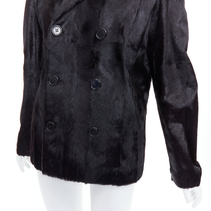 SAINT LAURENT 2017 black goat fur double breasted coat jacket FR44 2XL