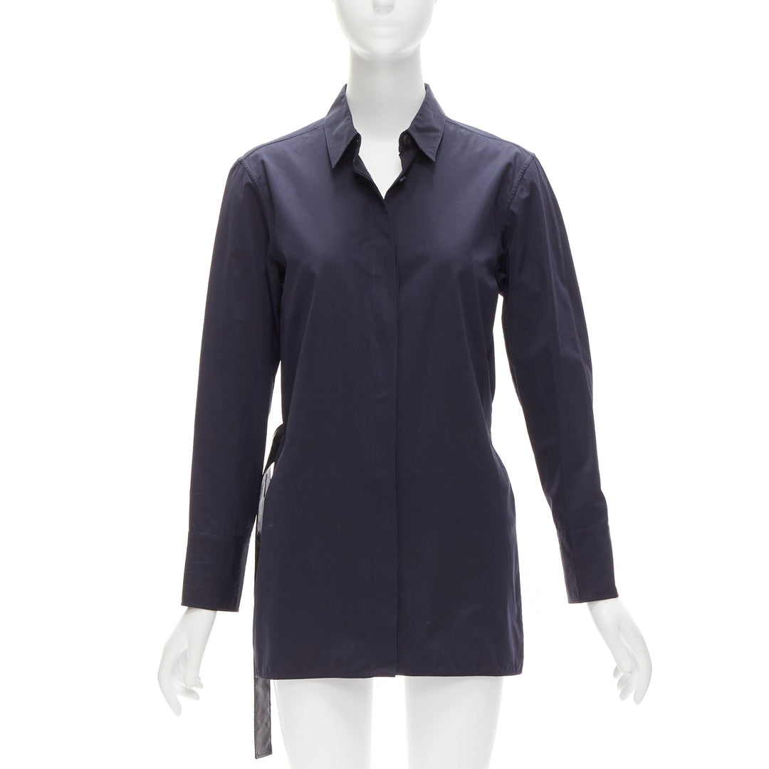 MARNI navy blue cotton rubber button asymmetric belted shirt IT38 XS