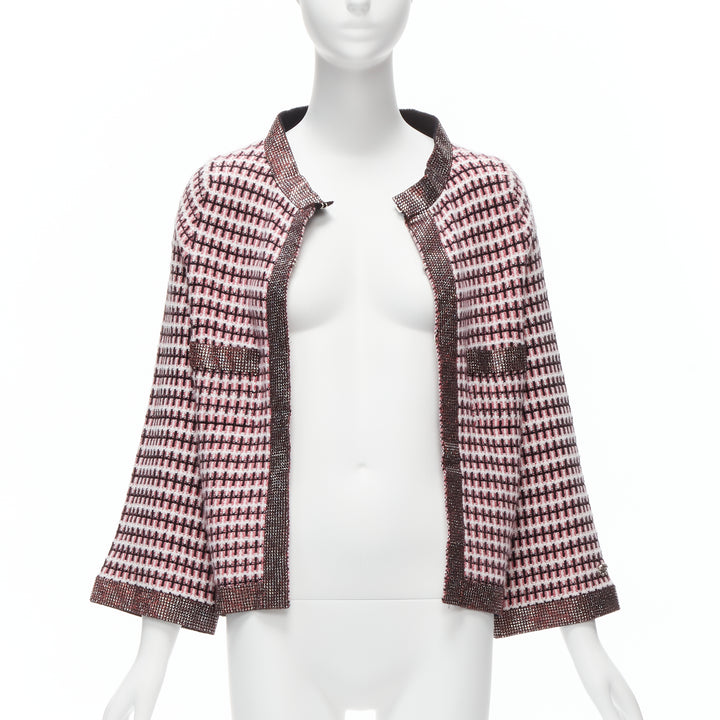 CHANEL pink 100% cashmere tweed crystal trim swing cardigan jacket FR34 XS