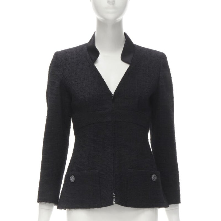 CHANEL 17C Paris Cuba lattice tweed Coco satin collar little black jacket FR36 S