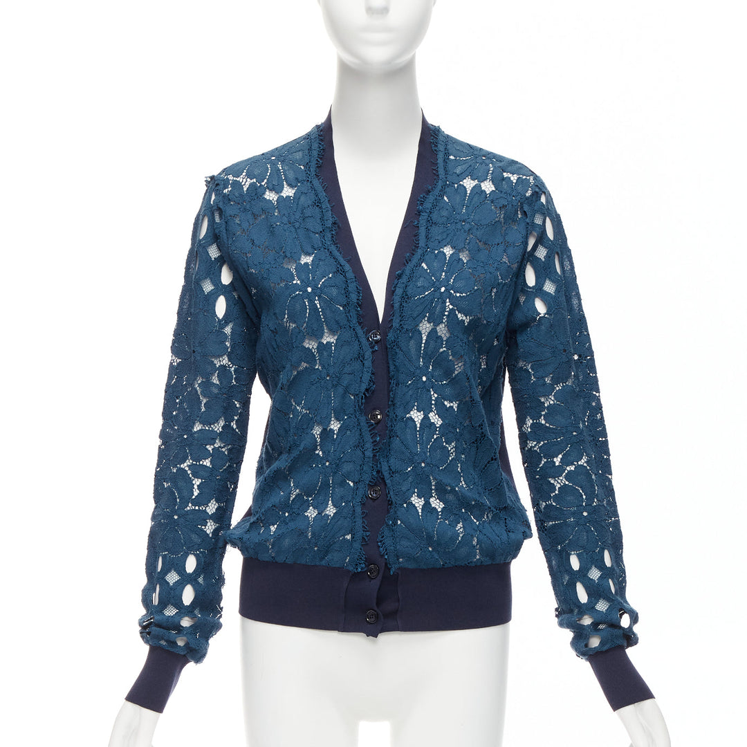 LANVIN 2015 blue silk cotton floral lace sheer long sleeve V neck cardigan S