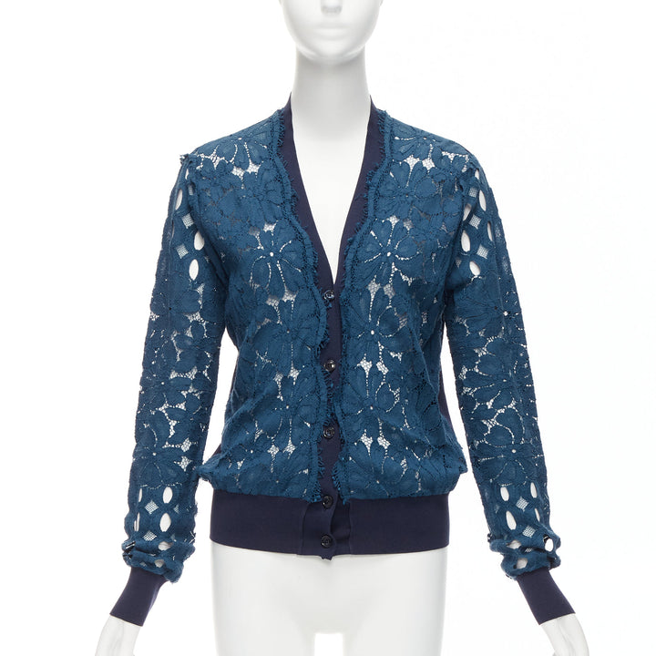 LANVIN 2015 blue silk cotton floral lace sheer long sleeve V neck cardigan S