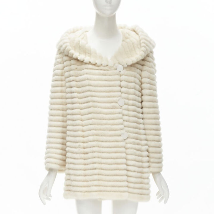 MARCO VANOLI cream tulle fur stripes buttoned asymmetric hooded jacket IT40 S