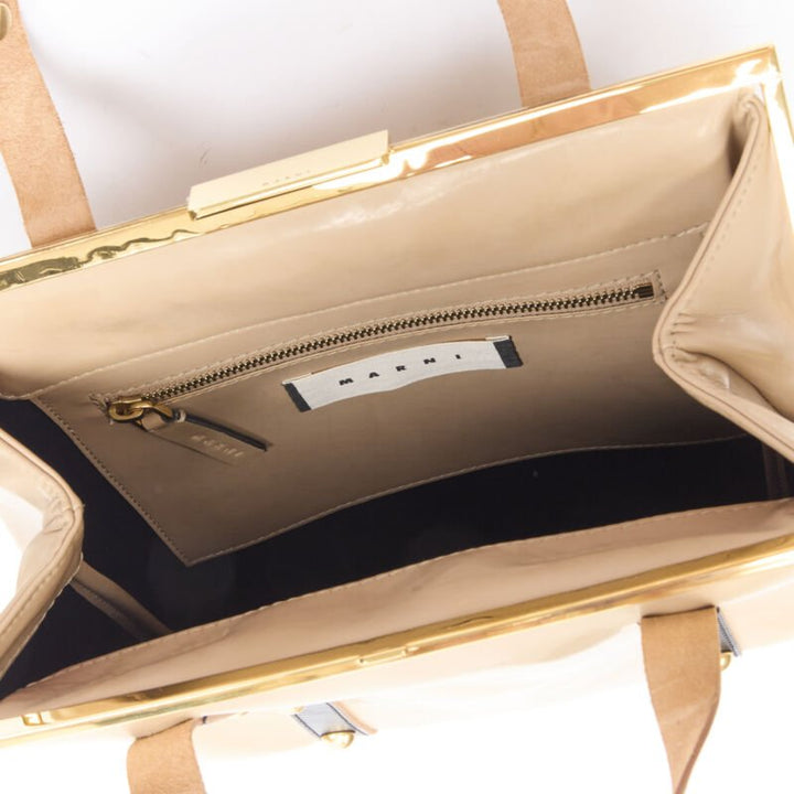 MARNI brown latex PVC gold stud leather trim metal frame tote bag