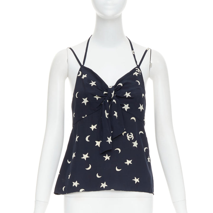 CHANEL 2008 navy off white 100% silk CC logo moon star bow camisole FR36 S