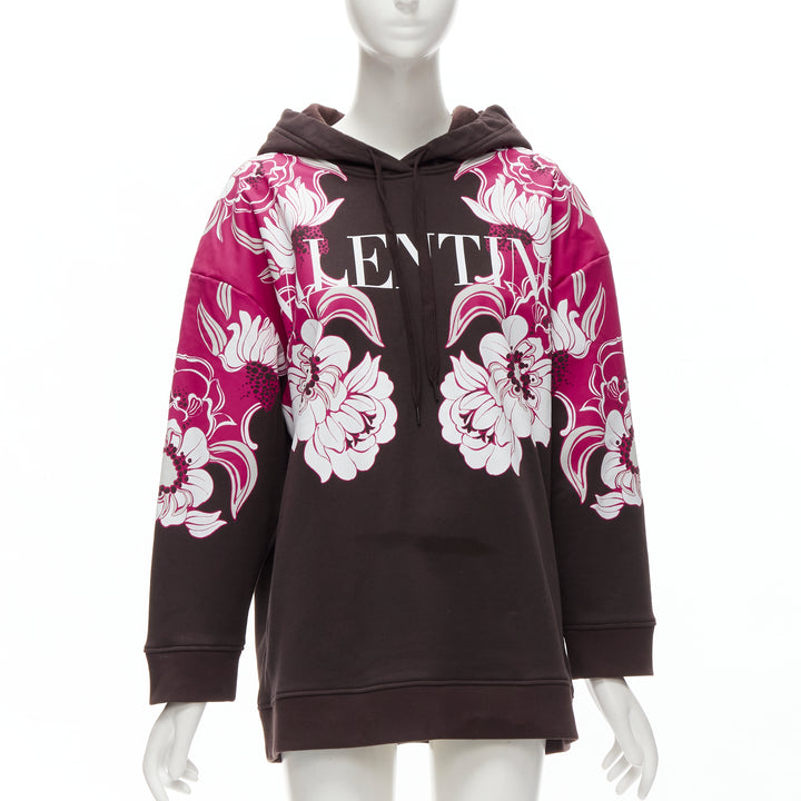 VALENTINO 2022 brown pink floral logo print cotton oversized hoodie S