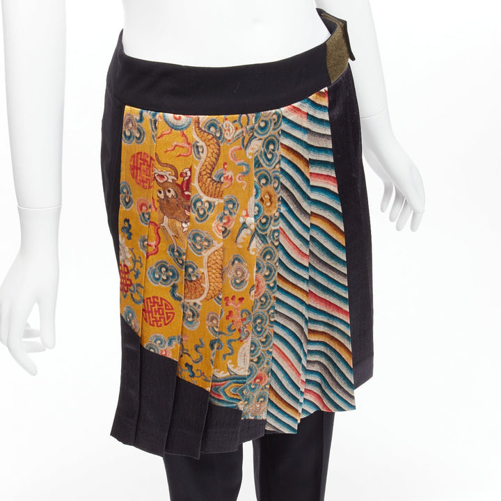 DRIES VAN NOTEN 2012 Runway Gold Chinese dragon pleated kilt trousers FR36 S
