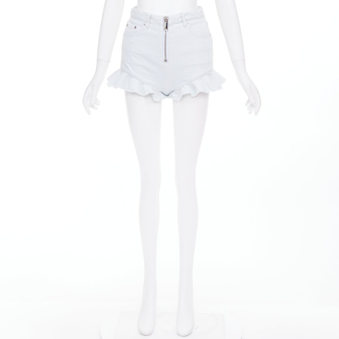 MSGM light blue washed ruffle hem zipper front mini shorts IT38 XS