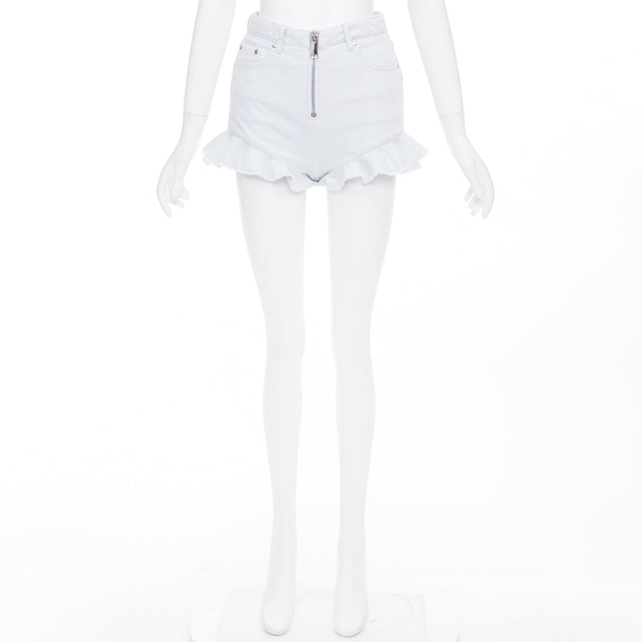MSGM light blue washed ruffle hem zipper front mini shorts IT38 XS