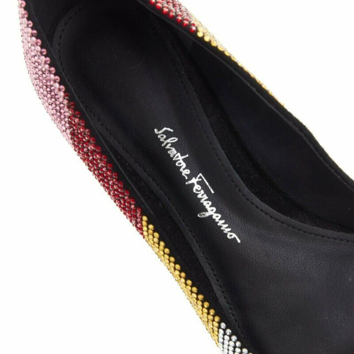 SALVATORE FERRAGAMO Vara rainbow crystal strass bow chunky kitten pump EU34