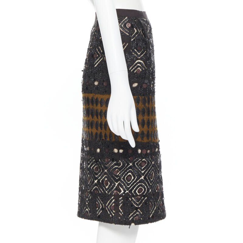OSCAR DE LA RENTA 2008 brown raffia sequins embellished jacquard skirt US0 24"