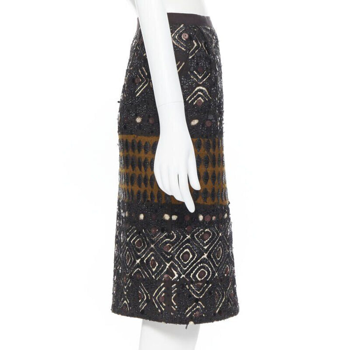OSCAR DE LA RENTA 2008 brown raffia sequins embellished jacquard skirt US0 24"