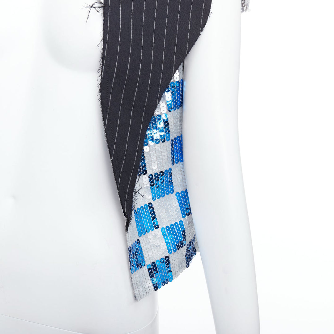 COMME DES GARCONS 2007 blue grey checkered sequin wool trim vest XS