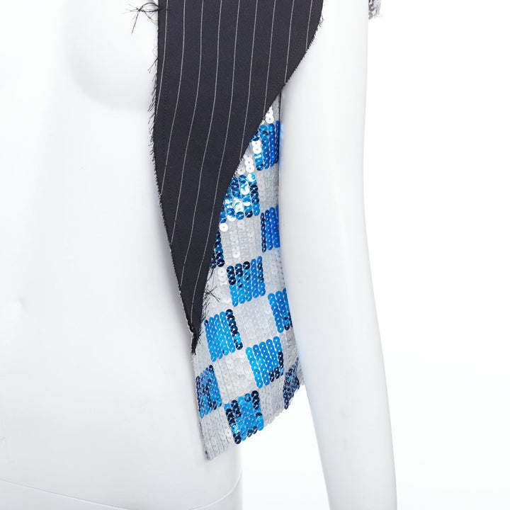 COMME DES GARCONS 2007 blue grey checkered sequin wool trim vest XS