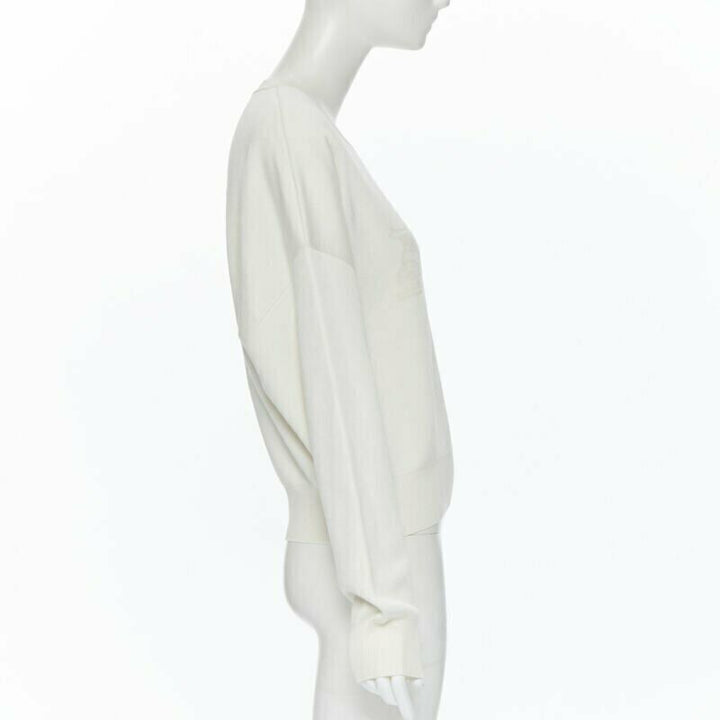 HERMES ivory cream cashmere silk blend logo intarsia short sweater FR44 XL