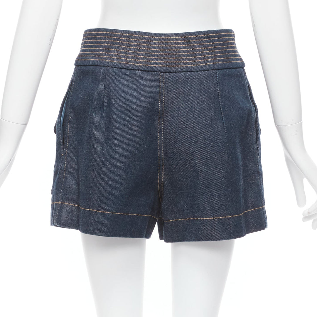 CHLOE blue cotton raw denim yellow topstitched cargo pocket shorts FR36 S