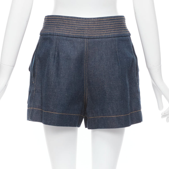 CHLOE blue cotton raw denim yellow topstitched cargo pocket shorts FR36 S