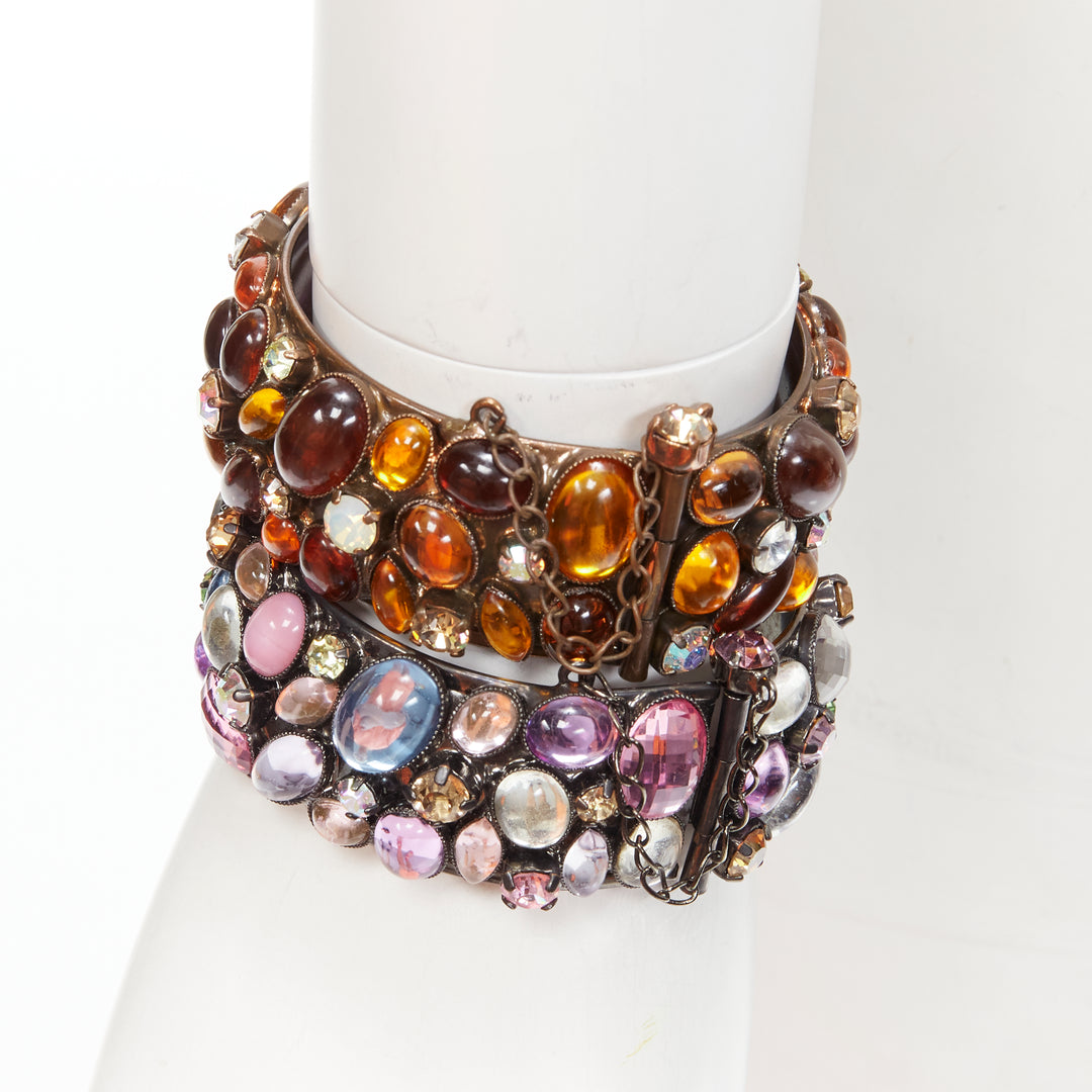 FURLA orange purple rhinestone embellished 2 bangles cocktail ring set