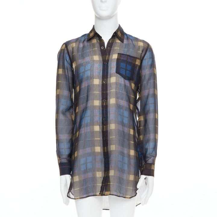 DRIES VAN NOTEN blue beige cotton silk sheer checked shirt IT48 M