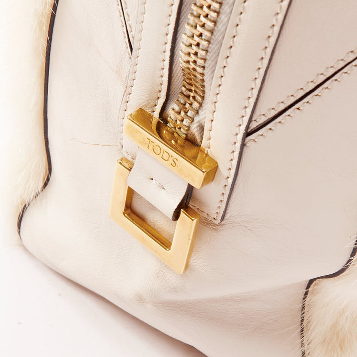 TOD'S D Cube Bauletto cream blue fur white leather GHW bowler bag