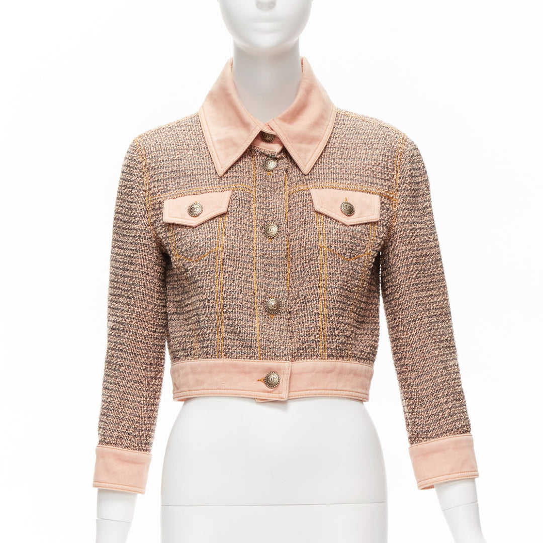 rare CHANEL 2018 Runway pink denim trim tweed CC button cropped jacket FR36 S