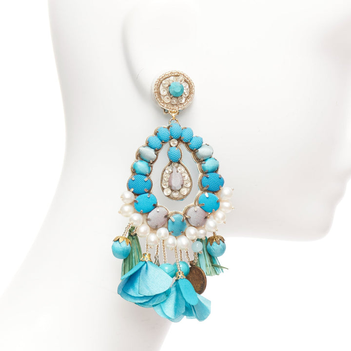 RANJANA KHAN turquoise cream faux pearl stone clip on earrings  Pair