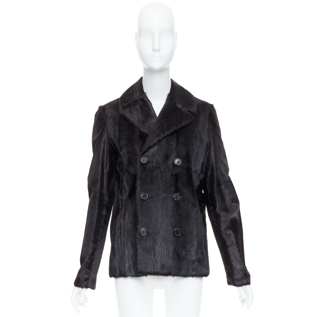 SAINT LAURENT 2017 black goat fur double breasted coat jacket FR44 2XL