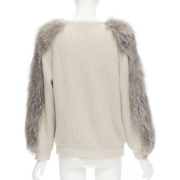 BRUNELLO CUCINELLI beige 100% cashmere grey fox fur sleeve waffle knit sweater M