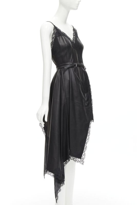 ALEXANDER MCQUEEN 2022 black leather lace asymmetric wrap draped dress IT38 XS