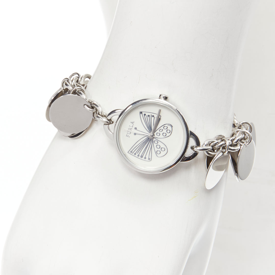 FURLA scribble butterfly logo silver disc chain watch bracelet