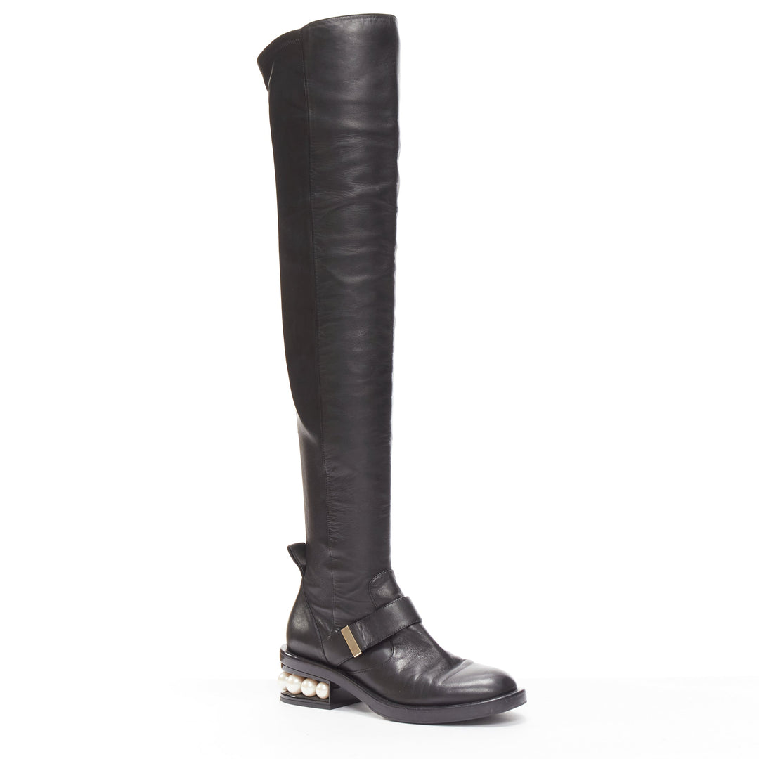 NICOLAS KIRKWOOD black XL pearl embellished heel knee high flat boots EU37.5
