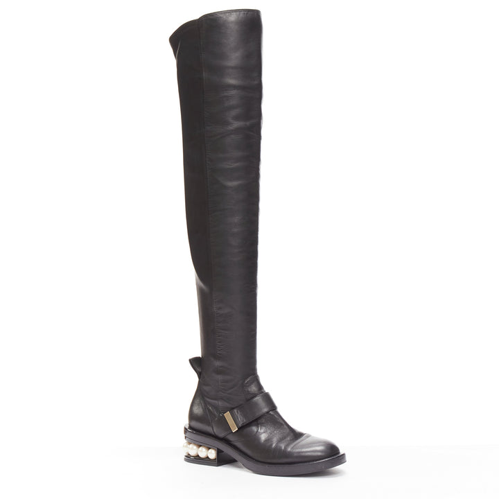 NICOLAS KIRKWOOD black XL pearl embellished heel knee high flat boots EU37.5
